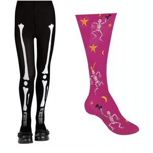 2 Pack Halloween Bone Print Tights & Dancing Skeleton Girls Size Small